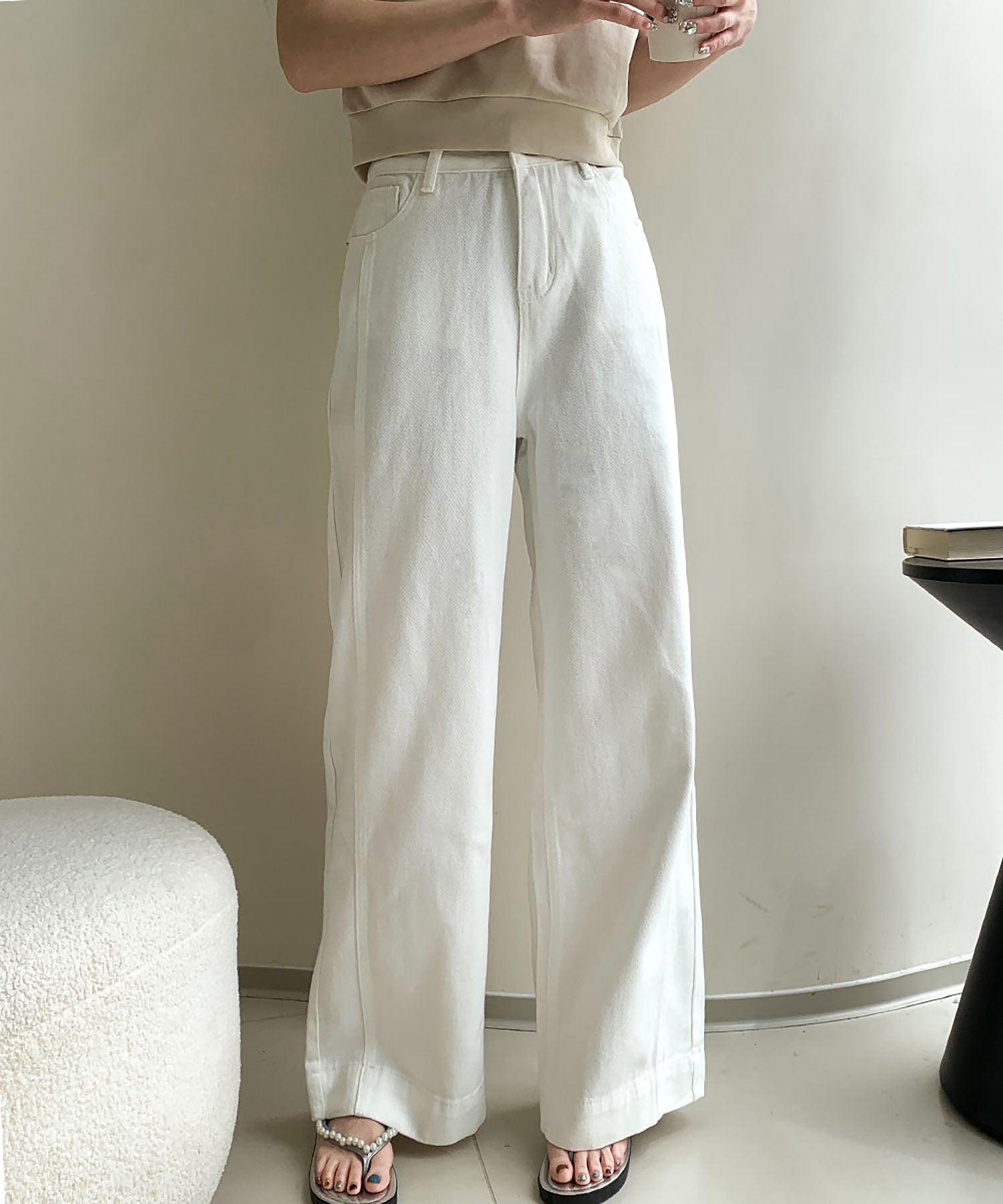 ロワ LOWO 【綿100％使用】【撥水】【防汚】ワイドシルエットホワイトデニムパンツ （ホワイト） ホワイト