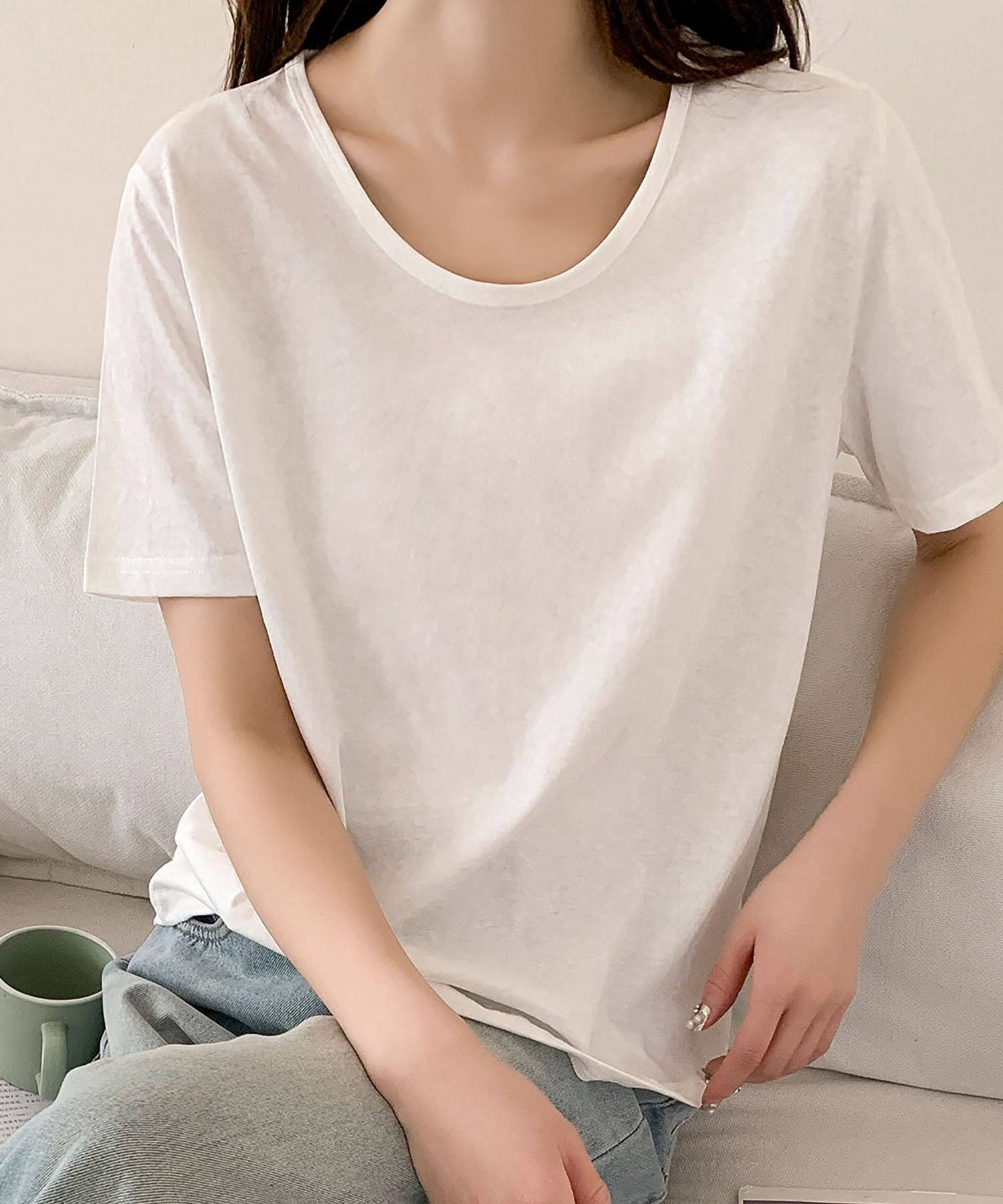 ロワ LOWO ゆったりUネックシンプルTシャツ カットソー （ホワイト） ホワイト