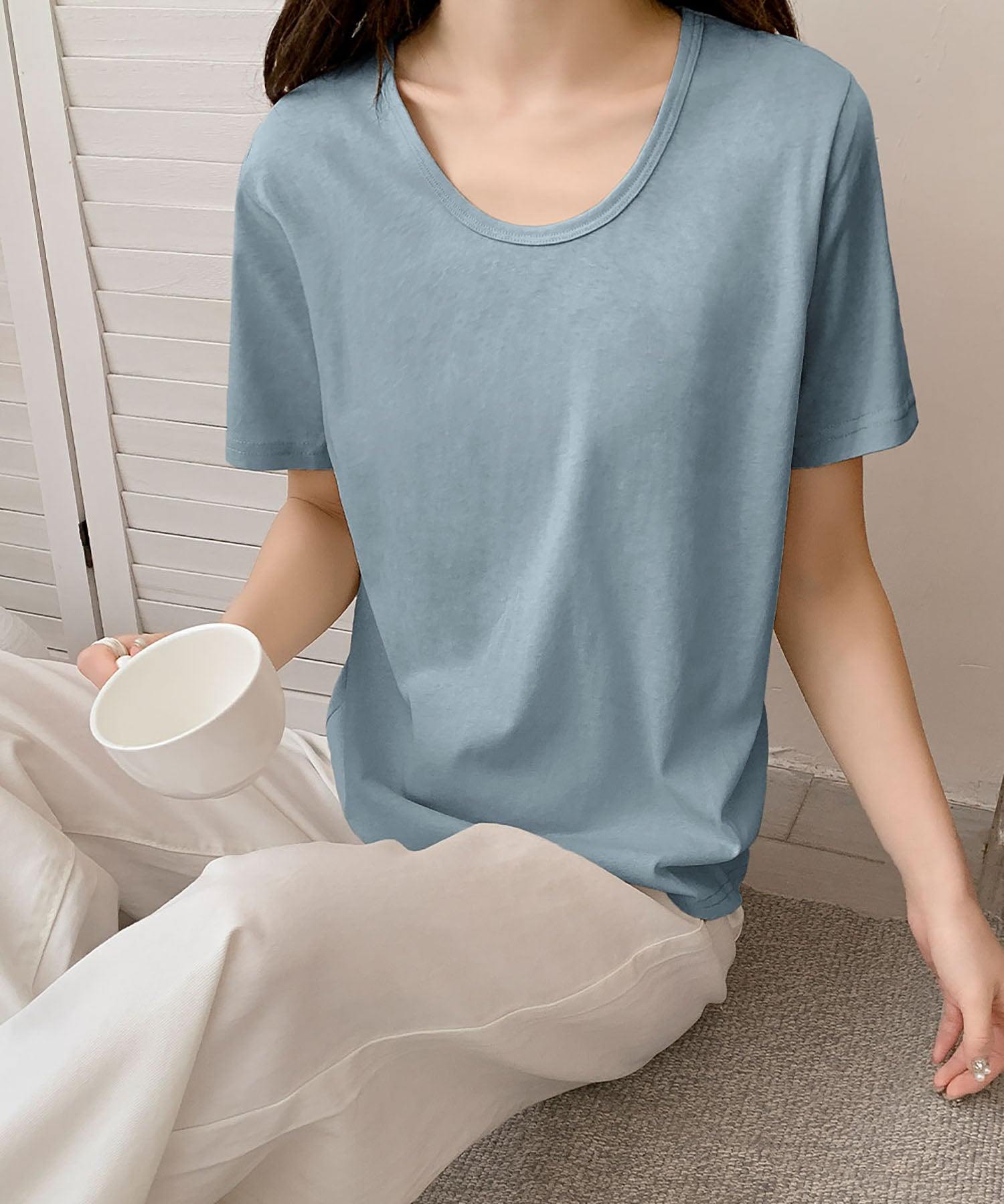 ロワ LOWO ゆったりUネックシンプルTシャツ カットソー （ブルー） ブルー