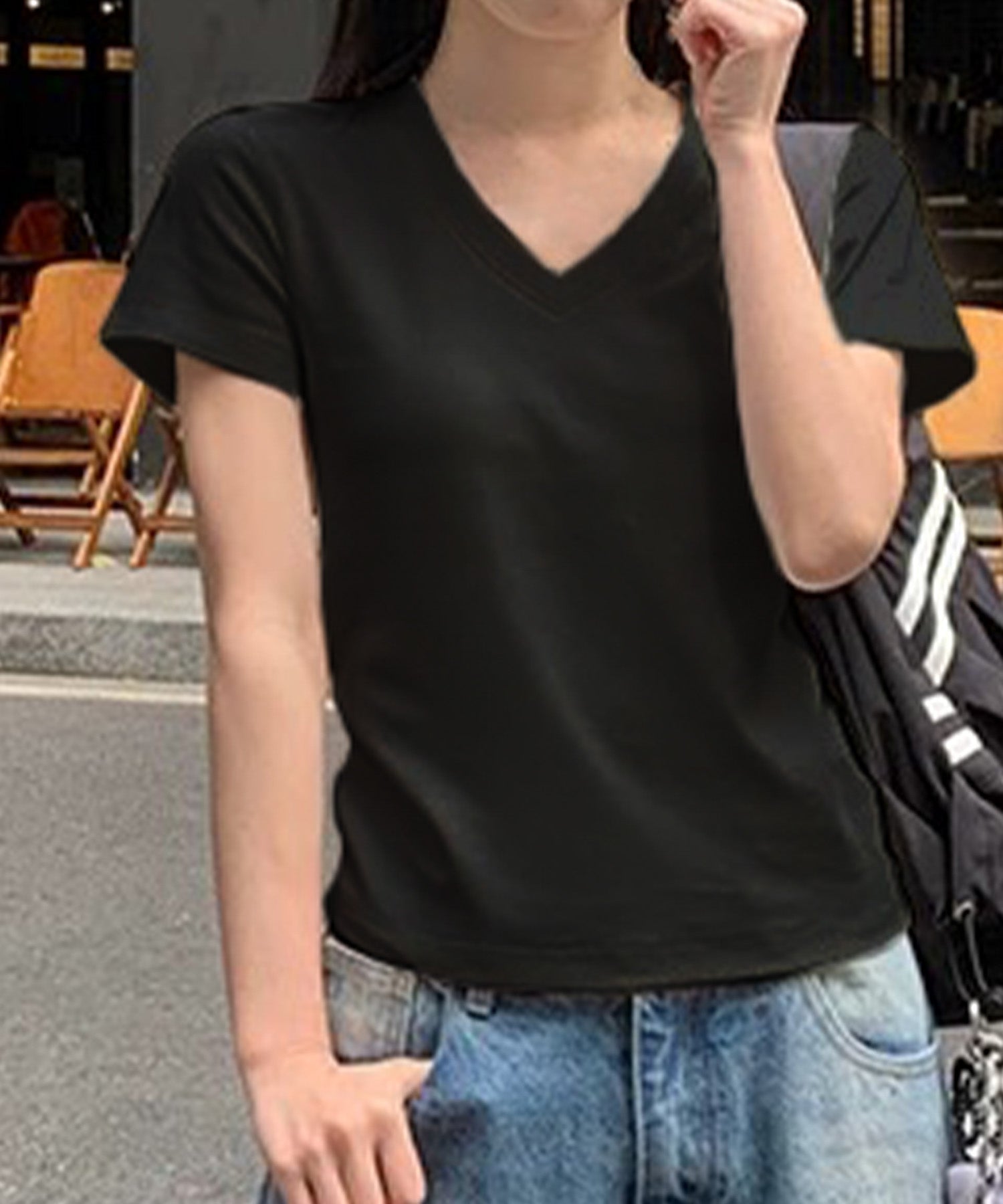 ロワ LOWO 綿混Vネック無地Tシャツ カットソー （ブラック） ブラック
