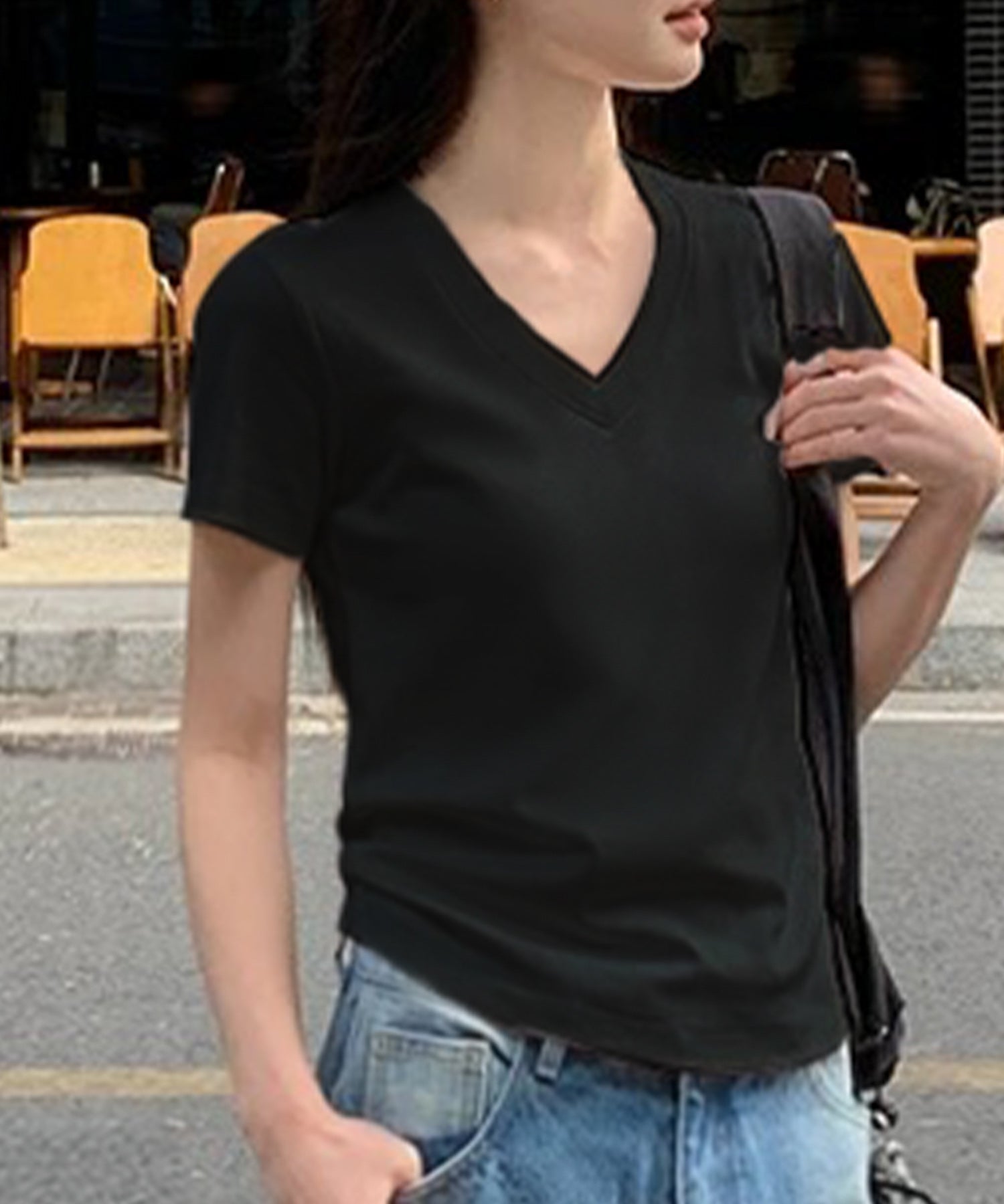 ロワ LOWO 綿混Vネック無地Tシャツ カットソー （ブラック） ブラック