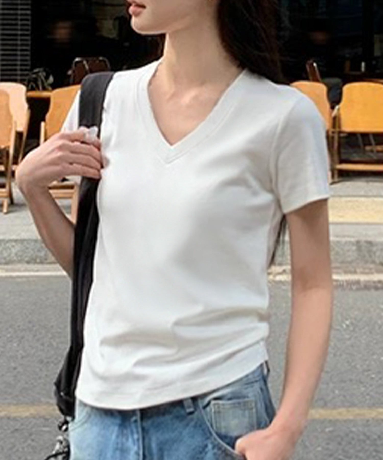 ロワ LOWO 綿混Vネック無地Tシャツ カットソー （ホワイト） ホワイト