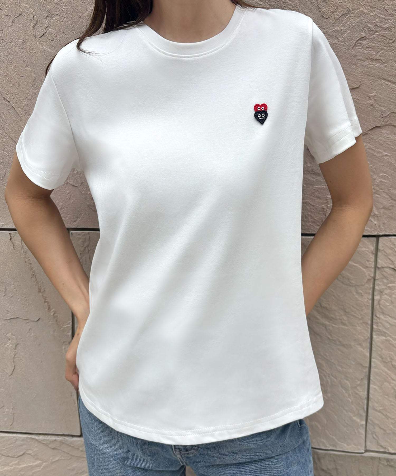 ロワ LOWO 綿混選べる2タイプワンポイント刺繍シンプルTシャツ カットソー （Aタイプ） Aタイプ