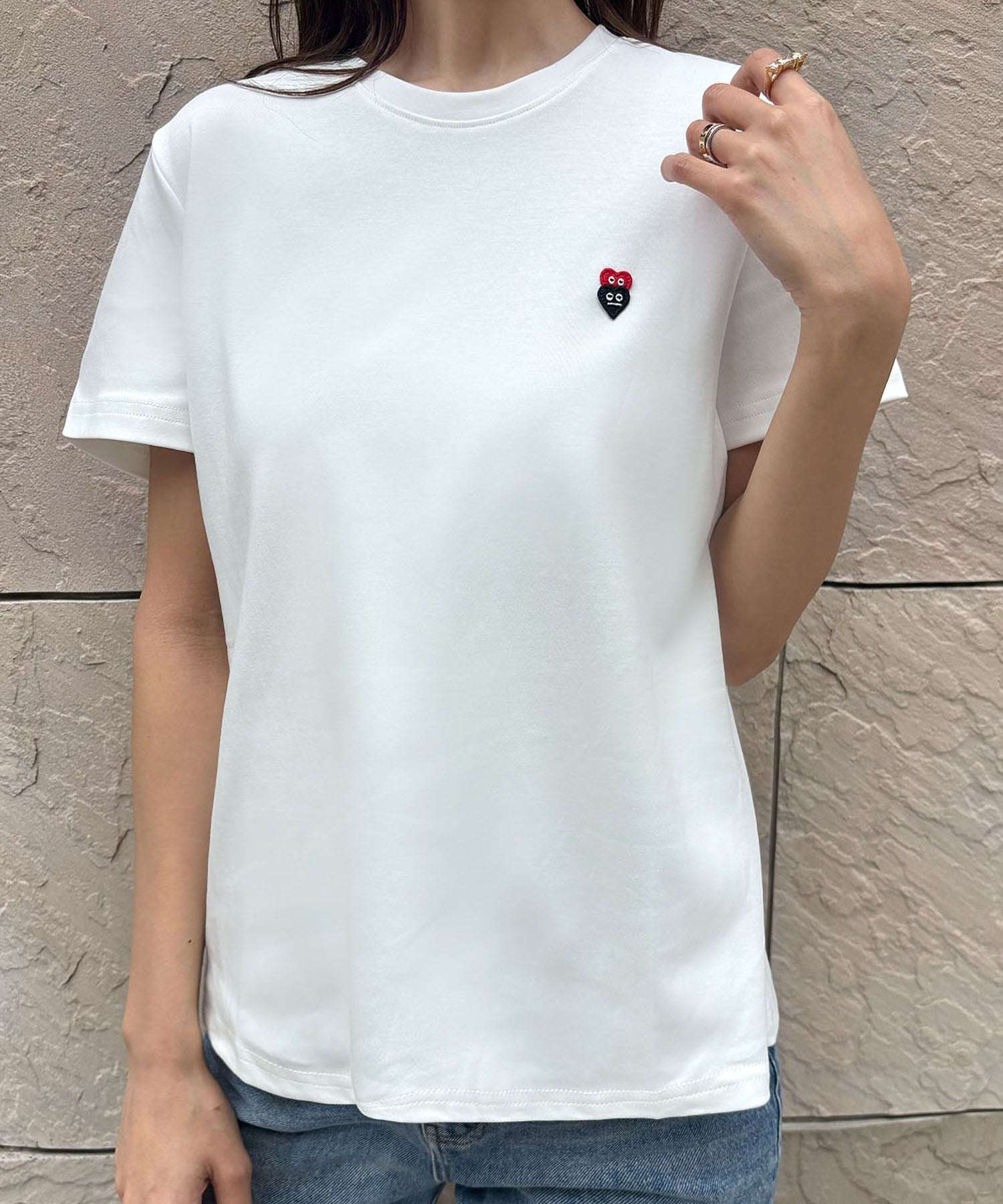 ロワ LOWO 綿混選べる2タイプワンポイント刺繍シンプルTシャツ カットソー （Aタイプ） Aタイプ