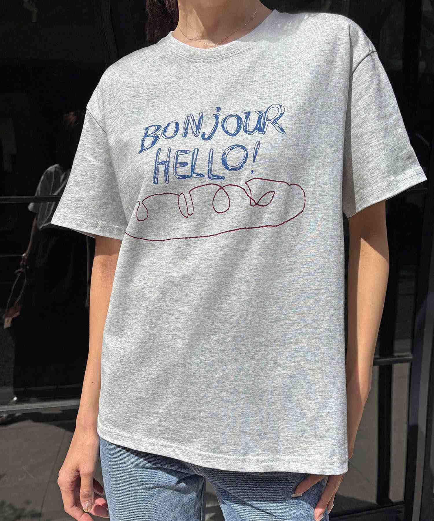 ロワ LOWO 綿混フロントプリントTシャツ カットソー （ライトグレー） ライトグレー