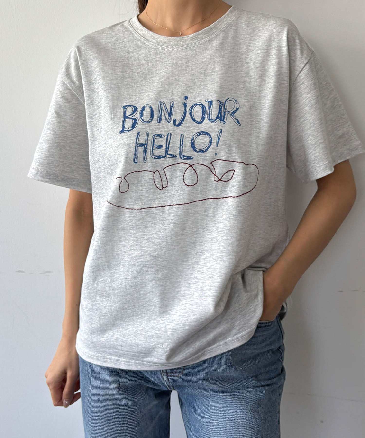 ロワ LOWO 綿混フロントプリントTシャツ カットソー （ライトグレー） ライトグレー