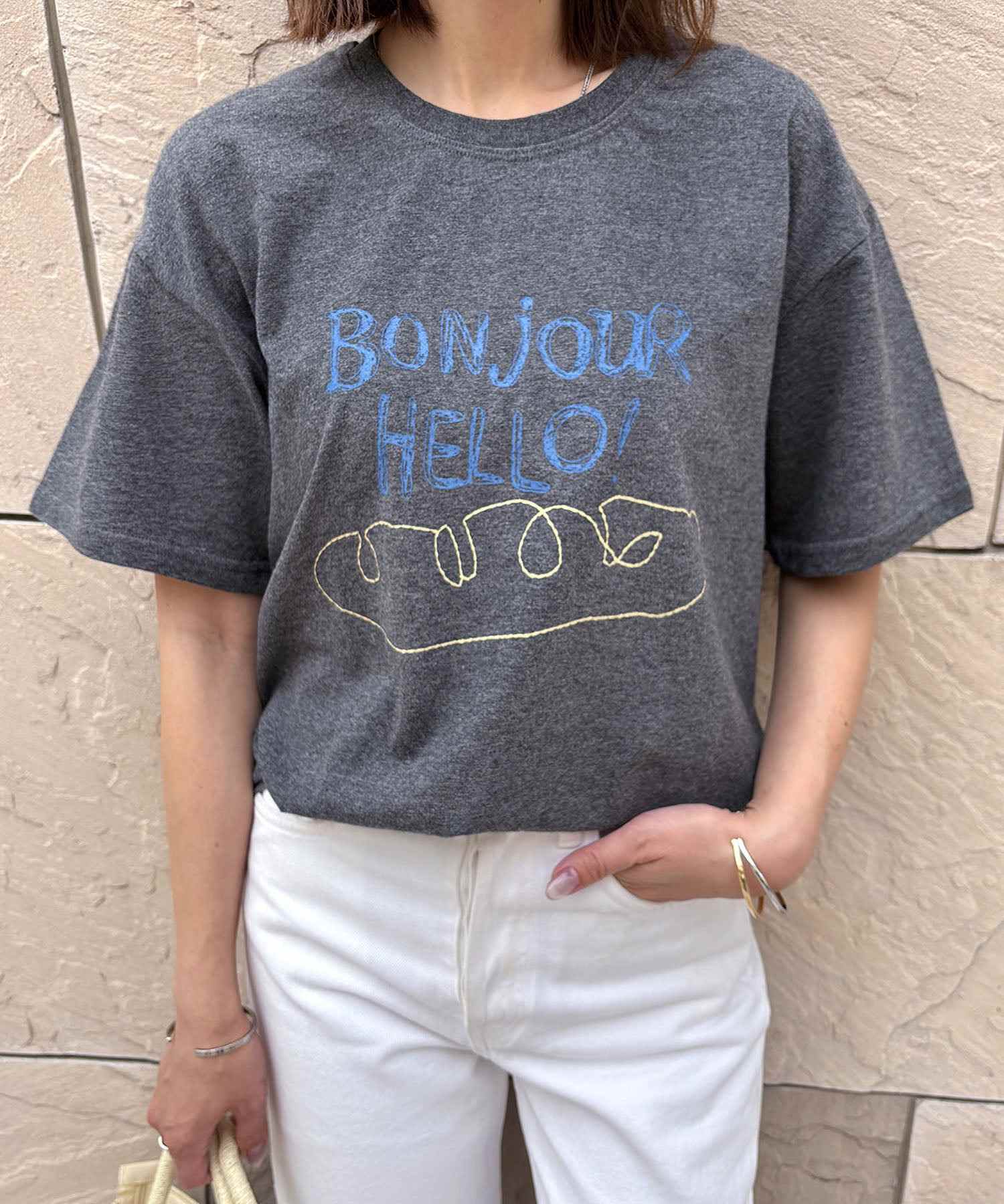ロワ LOWO 綿混フロントプリントTシャツ カットソー （チャコールグレー） チャコールグレー