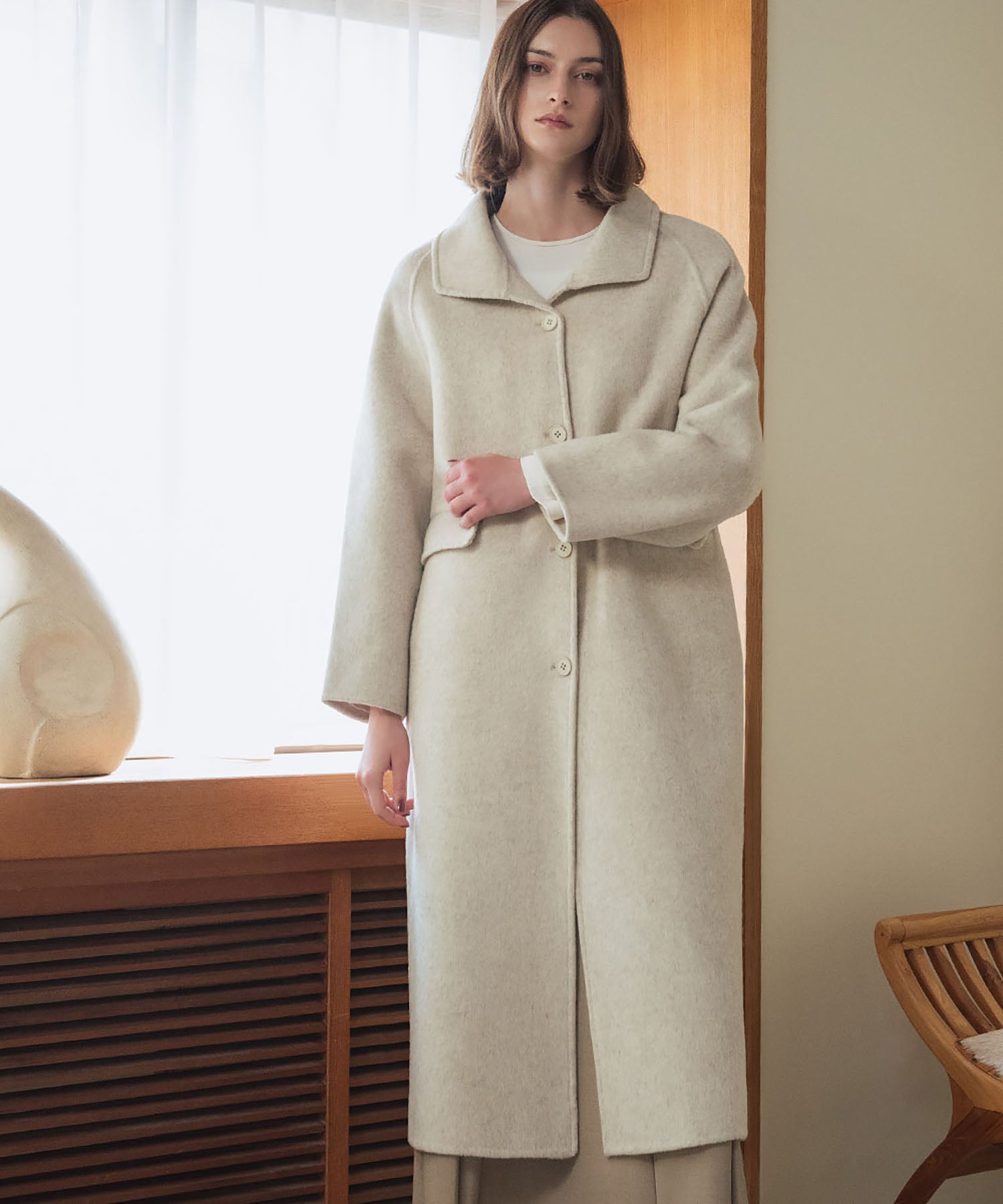 ロワ LOWO 2WAYポシェット付き 帽子 ハット ロング丈 ウールコート （ライトベージュ） ライトベージュ