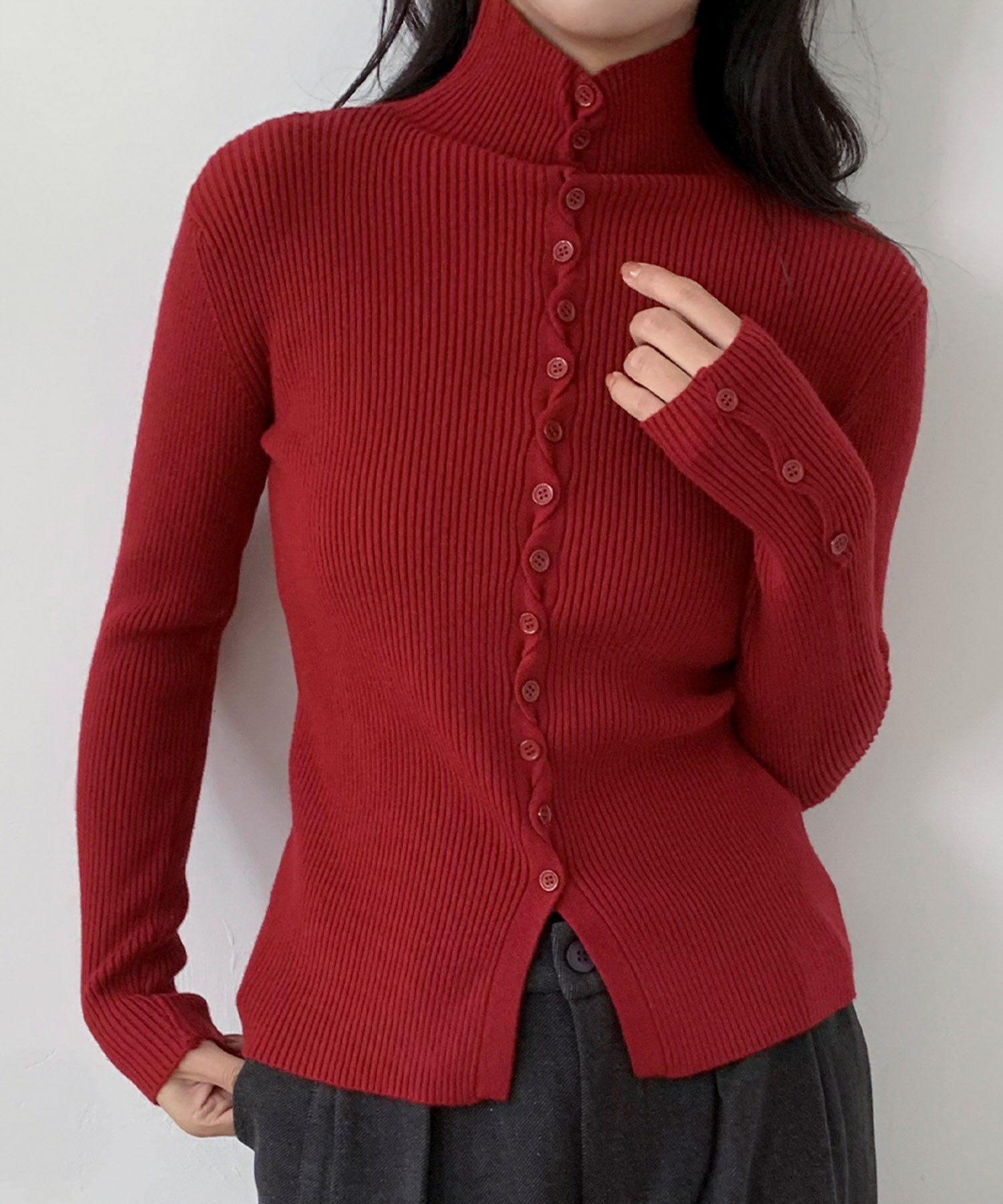 ロワ LOWO ハイネック リブニット 長袖 トップス 秋冬 キレイめ 秋 （レッド） レッド