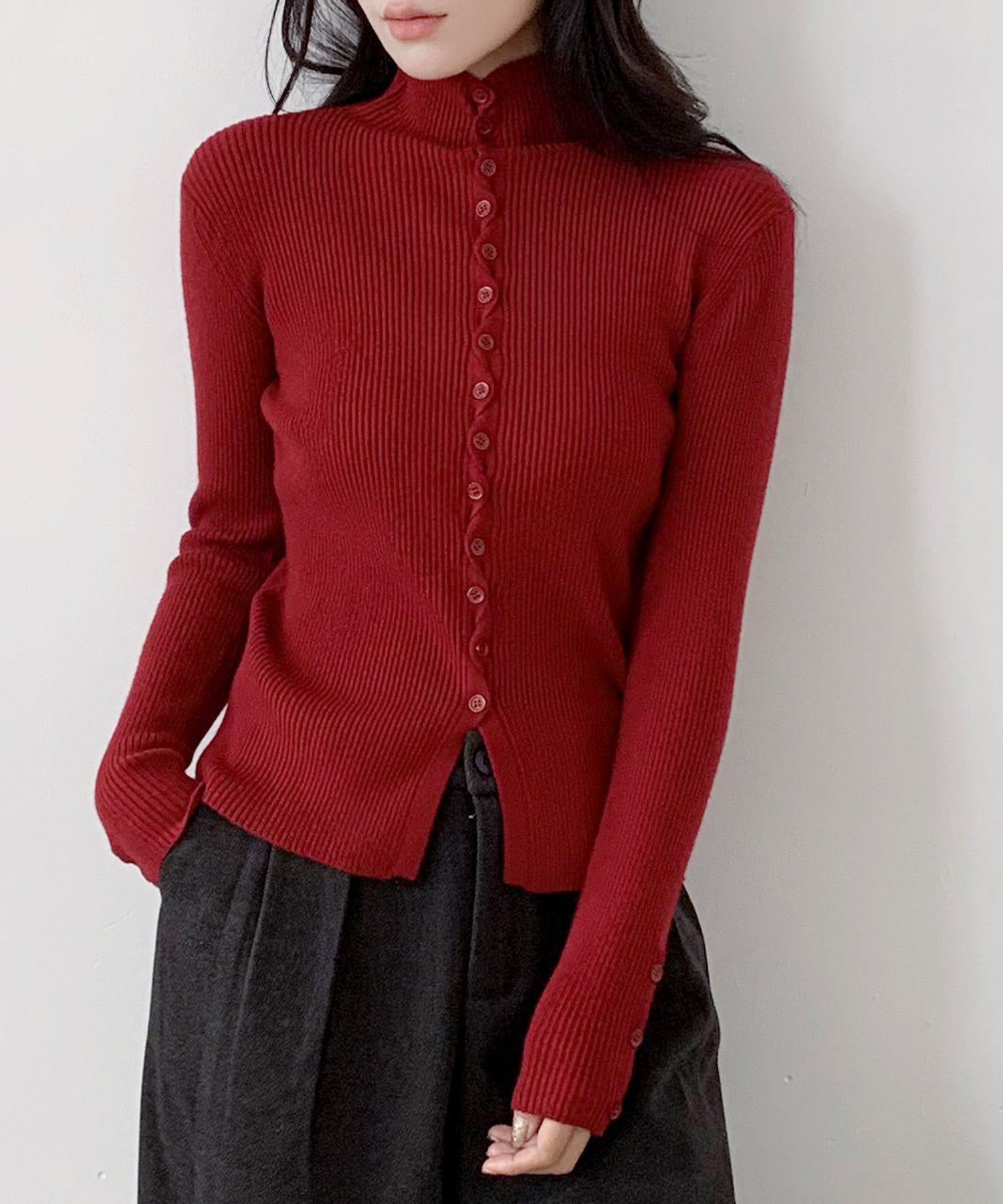 ロワ LOWO ハイネック リブニット 長袖 トップス 秋冬 キレイめ 秋 （レッド） レッド
