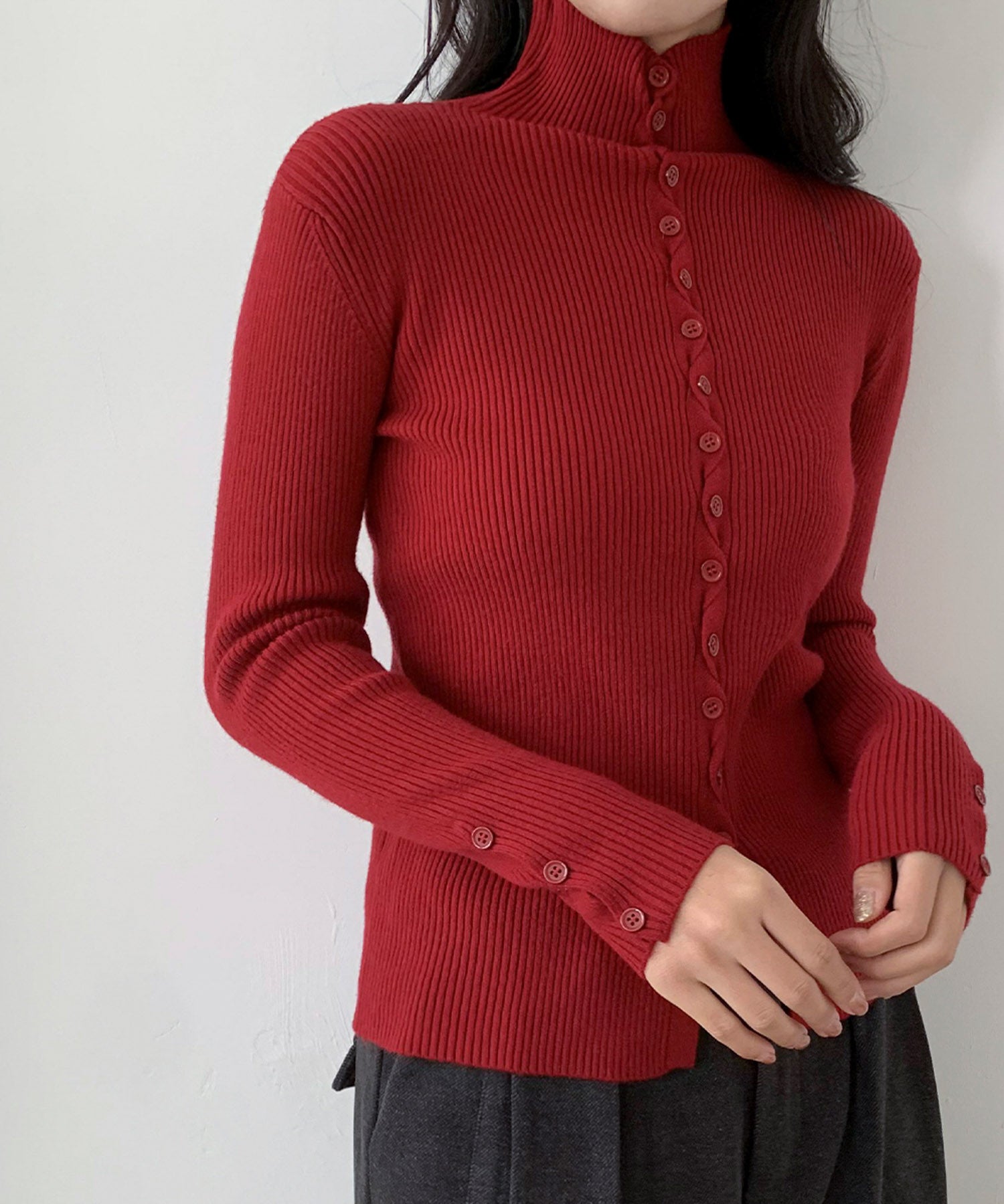 ロワ LOWO ハイネック リブニット 長袖 トップス 秋冬 キレイめ 秋 （レッド） レッド