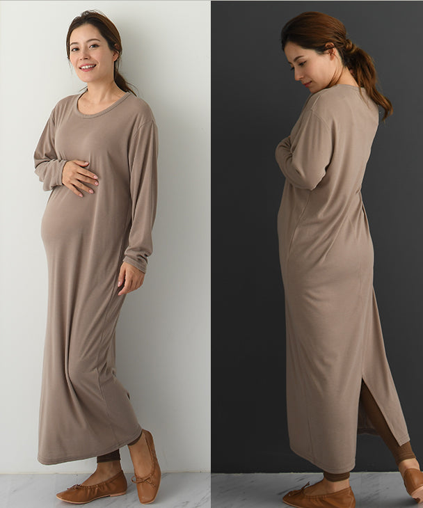 チョコア CHOCOA やわらかロングワンピース【マタニティ服】柔らか 美ライン 人気 マタニティワンピース ビッグシルエット ロングワンピ 妊婦 産前産後  秋冬 （ベージュ(beige)） ベージュ(beige)