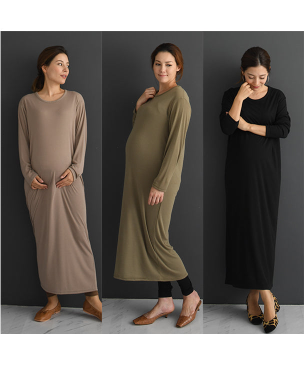チョコア CHOCOA やわらかロングワンピース【マタニティ服】柔らか 美ライン 人気 マタニティワンピース ビッグシルエット ロングワンピ 妊婦 産前産後  秋冬 （ベージュ(beige)） ベージュ(beige)