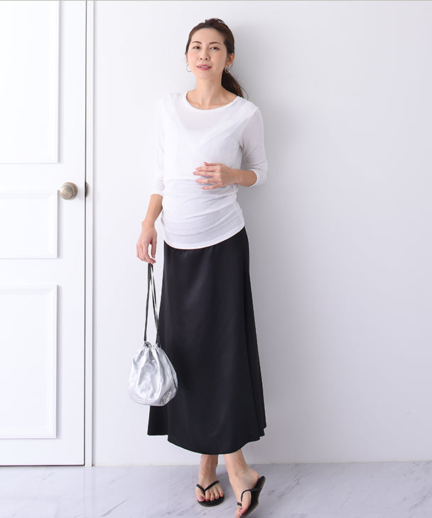 チョコア CHOCOA 產前產後緞面美線裙【孕婦服／產後】緞面裙 光澤 長裙 蓬鬆 孕婦 孕期 產前產後 春秋冬 美腿 舒適度
