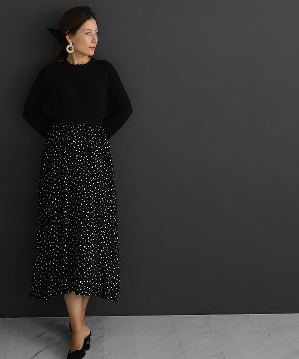 Chocoa Nursing Pattern Dress [Maternity Clothes / Nursing Clothes] Maternity Dress Nursing Dress Animal Pattern Dot Pattern Design Dress Knit Flare Pregnant Woman Pregnancy Maternity Before and After Autumn Winter