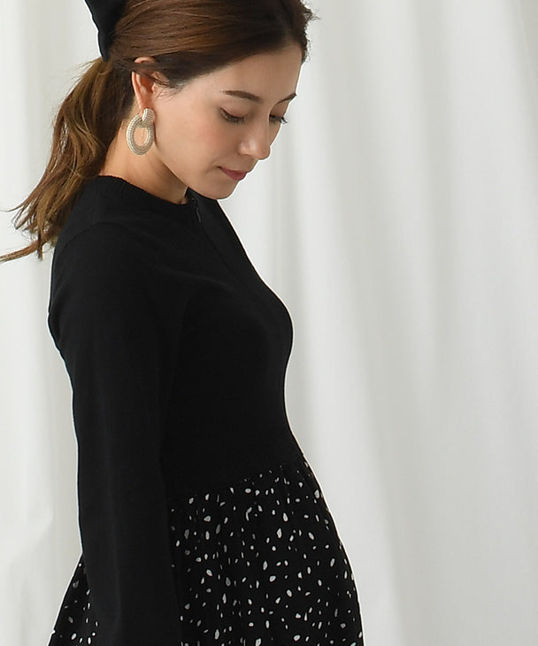 Chocoa Nursing Pattern Dress [Maternity Clothes / Nursing Clothes] Maternity Dress Nursing Dress Animal Pattern Dot Pattern Design Dress Knit Flare Pregnant Woman Pregnancy Maternity Before and After Autumn Winter