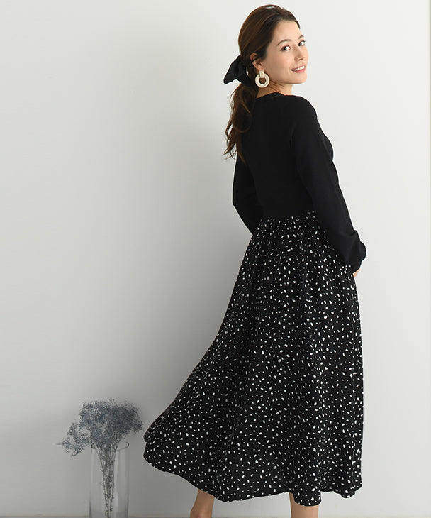 Chocoa Nursing Pattern Dress [Maternity Clothes / Nursing Clothes] Maternity Dress Nursing Dress Animal Pattern Dot Pattern Design Dress Knit Flare Pregnant Woman Pregnancy Maternity Before and After Autumn Winter