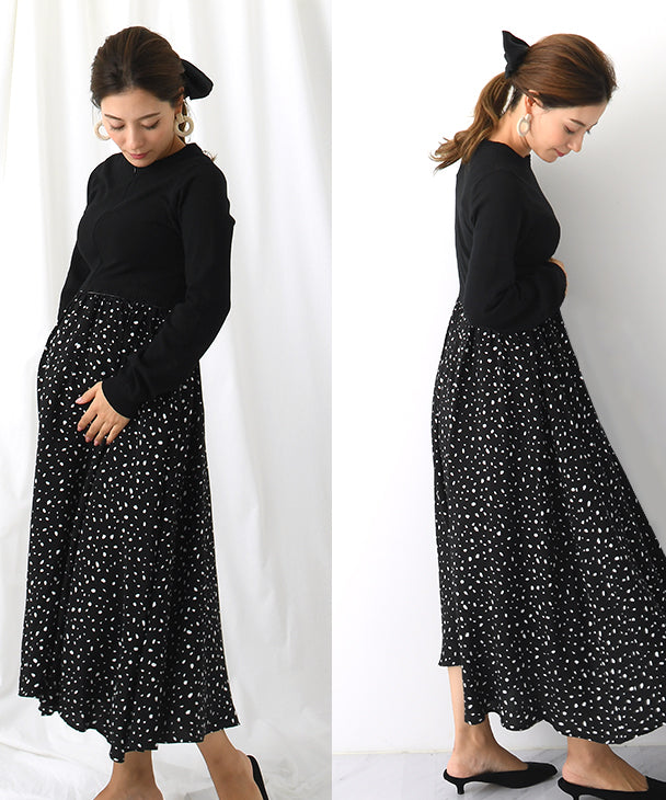 Chocoa Nursing Pattern Dress [Maternity Clothes / Nursing Clothes] Maternity Dress Nursing Dress Animal Pattern Dot Pattern Design Dress Knit Flare Pregnant Woman Pregnancy Maternity Before and After Autumn Winter