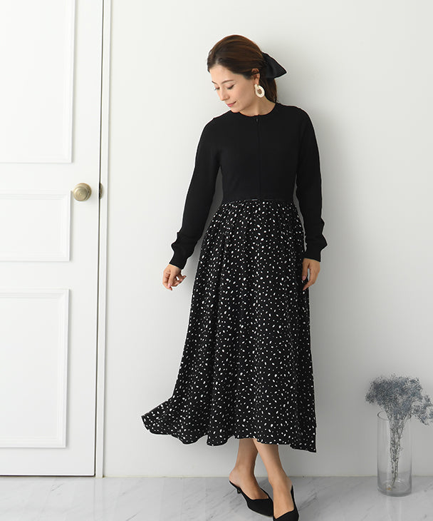 Chocoa Nursing Pattern Dress [Maternity Clothes / Nursing Clothes] Maternity Dress Nursing Dress Animal Pattern Dot Pattern Design Dress Knit Flare Pregnant Woman Pregnancy Maternity Before and After Autumn Winter