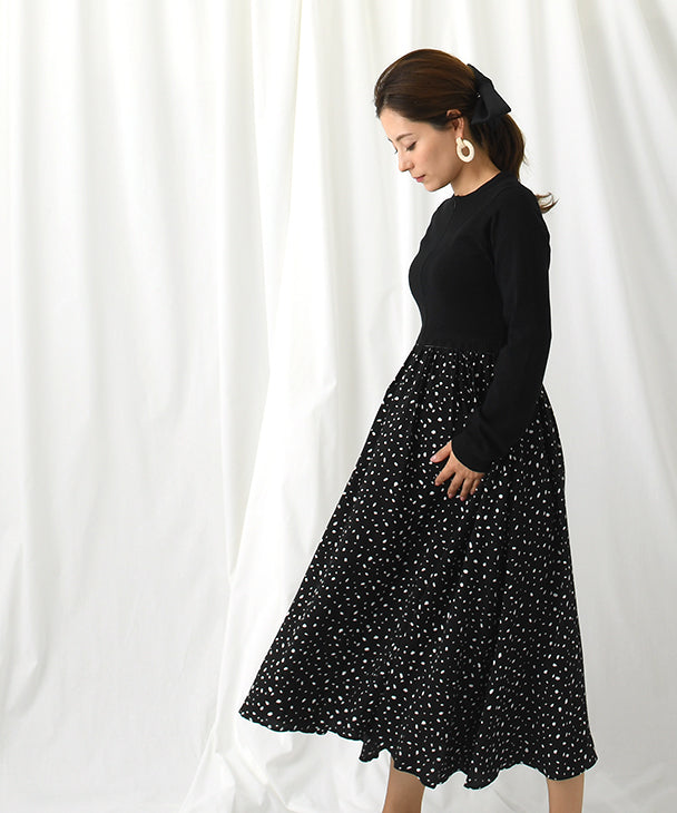 Chocoa Nursing Pattern Dress [Maternity Clothes / Nursing Clothes] Maternity Dress Nursing Dress Animal Pattern Dot Pattern Design Dress Knit Flare Pregnant Woman Pregnancy Maternity Before and After Autumn Winter