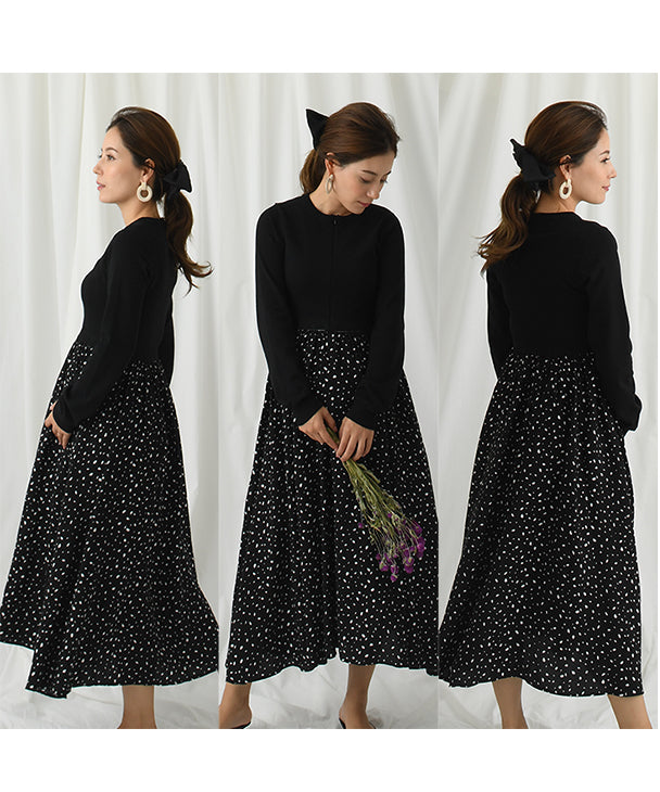 Chocoa Nursing Pattern Dress [Maternity Clothes / Nursing Clothes] Maternity Dress Nursing Dress Animal Pattern Dot Pattern Design Dress Knit Flare Pregnant Woman Pregnancy Maternity Before and After Autumn Winter