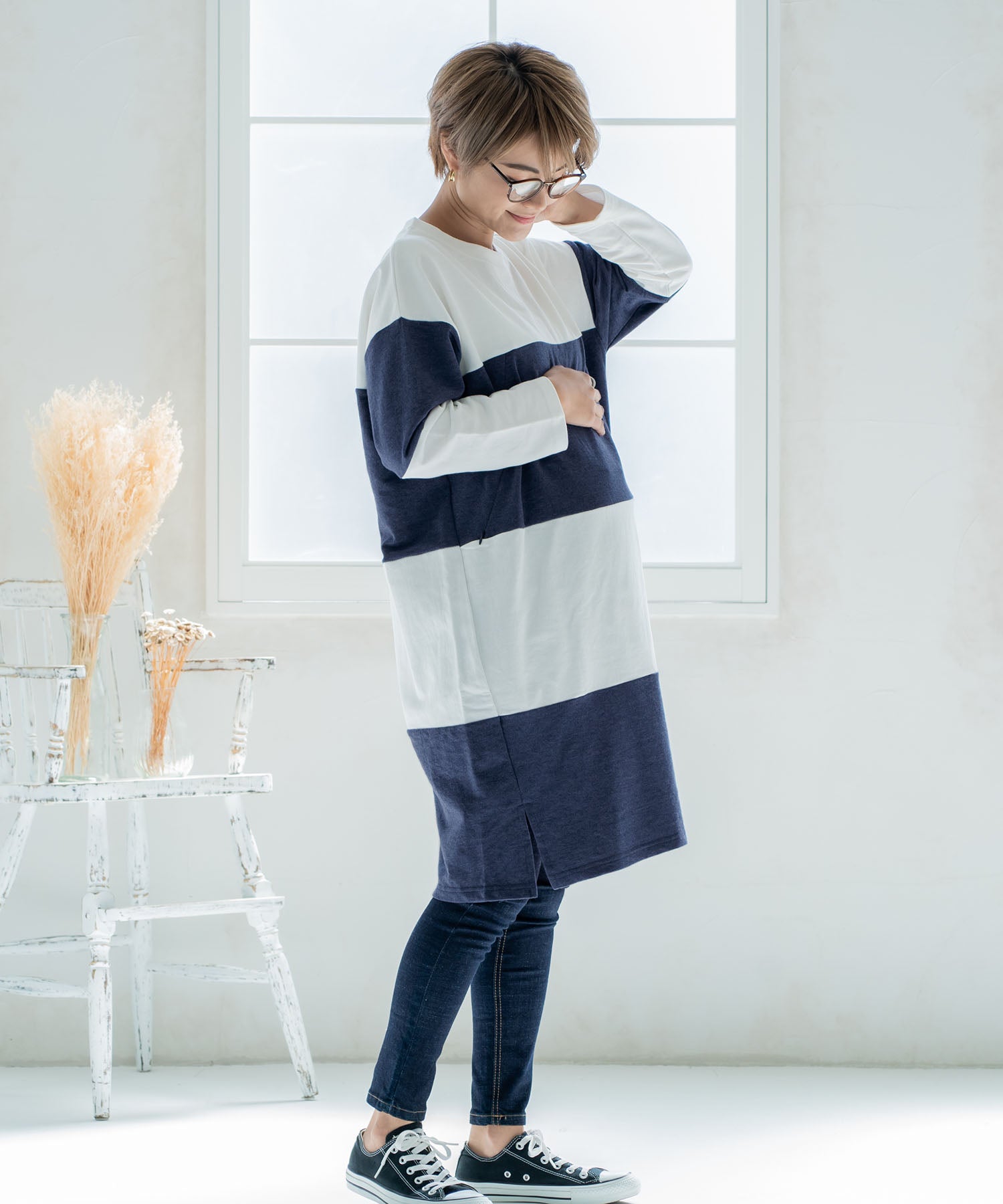 チョコア CHOCOA 授乳ワイドボーダーワンピース【マタニティ服／授乳服】21d42 （チャコール(charcoal)） チャコール(charcoal)