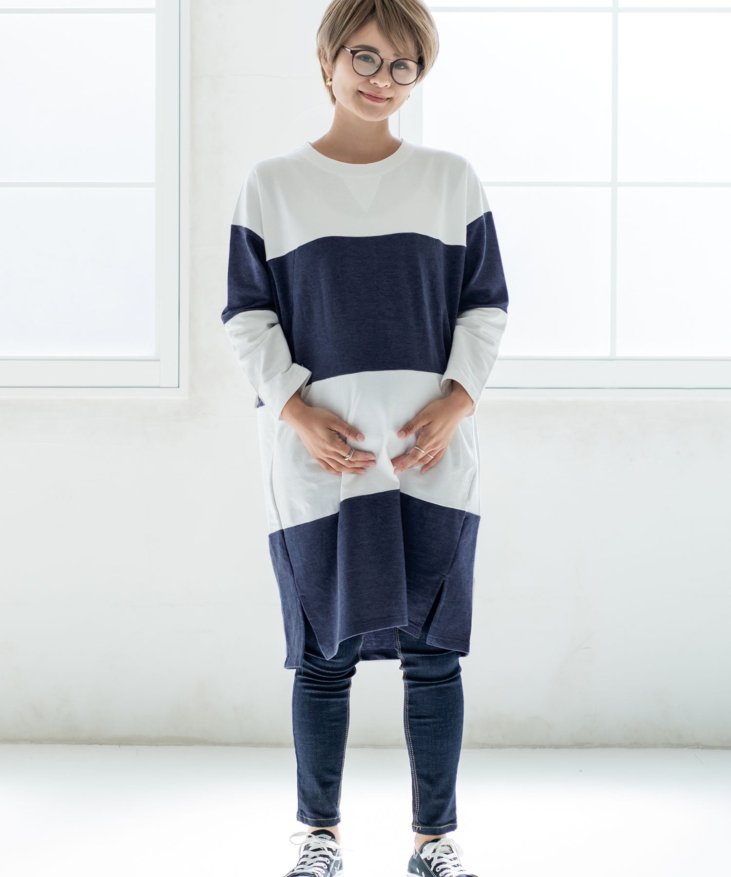 チョコア CHOCOA 授乳ワイドボーダーワンピース【マタニティ服／授乳服】21d42 （チャコール(charcoal)） チャコール(charcoal)