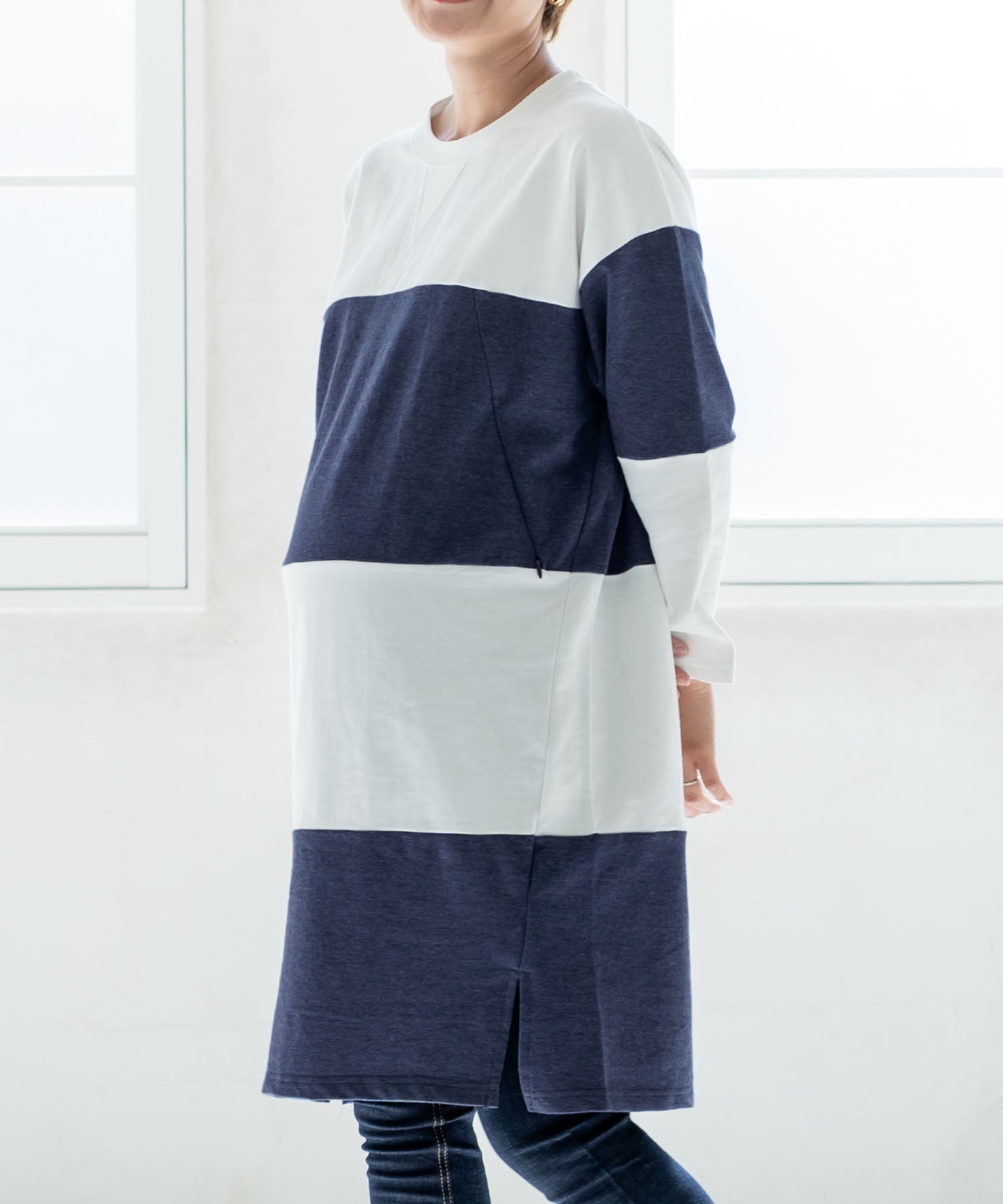 チョコア CHOCOA 授乳ワイドボーダーワンピース【マタニティ服／授乳服】21d42 （チャコール(charcoal)） チャコール(charcoal)