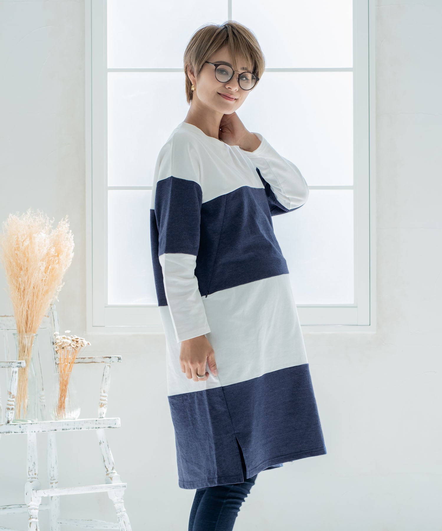 チョコア CHOCOA 授乳ワイドボーダーワンピース【マタニティ服／授乳服】21d42 （チャコール(charcoal)） チャコール(charcoal)