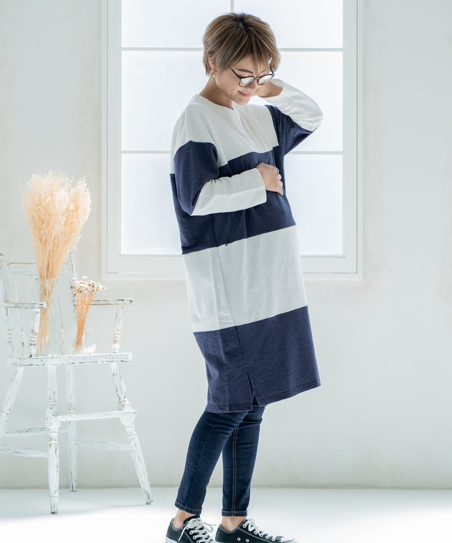 チョコア CHOCOA 授乳ワイドボーダーワンピース【マタニティ服／授乳服】21d42 （チャコール(charcoal)） チャコール(charcoal)