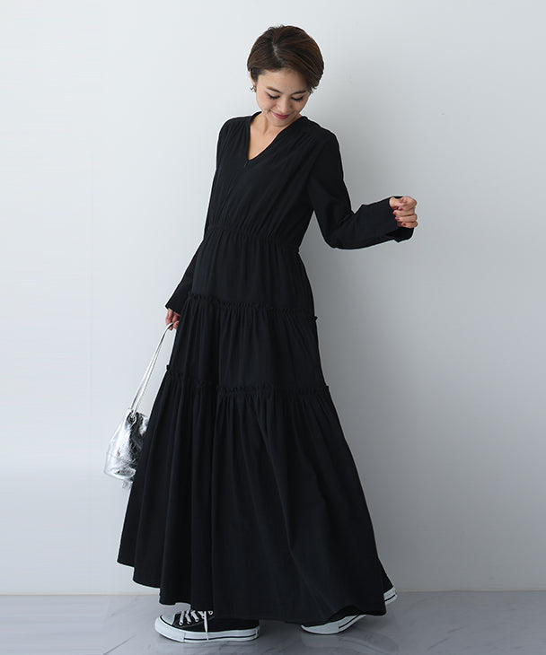 Chocoa Nursing Tiered Volume Dress [Maternity Clothes / Nursing Clothes] Maternity Dress Nursing Dress Tiered Flare Dress Pregnant Women Pregnancy Maternity Before and After Autumn and Winter