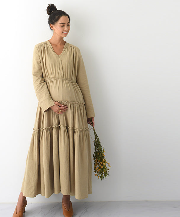 Chocoa Nursing Tiered Volume Dress [Maternity Clothes / Nursing Clothes] Maternity Dress Nursing Dress Tiered Flare Dress Pregnant Women Pregnancy Maternity Before and After Autumn and Winter