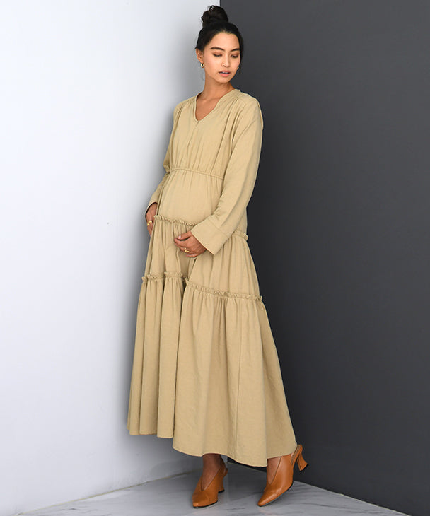Chocoa Nursing Tiered Volume Dress [Maternity Clothes / Nursing Clothes] Maternity Dress Nursing Dress Tiered Flare Dress Pregnant Women Pregnancy Maternity Before and After Autumn and Winter