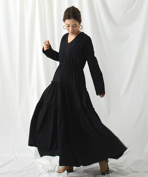 Chocoa Nursing Tiered Volume Dress [Maternity Clothes / Nursing Clothes] Maternity Dress Nursing Dress Tiered Flare Dress Pregnant Women Pregnancy Maternity Before and After Autumn and Winter