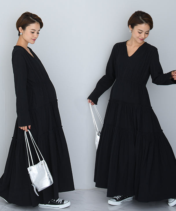 Chocoa Nursing Tiered Volume Dress [Maternity Clothes / Nursing Clothes] Maternity Dress Nursing Dress Tiered Flare Dress Pregnant Women Pregnancy Maternity Before and After Autumn and Winter