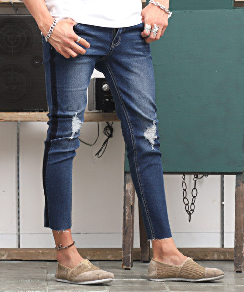 ラグスタイル LUXSTYLE サイドラインスーパーストレッチスキニーデニムアンクルパンツ/スキニー デニム アンクル メンズ ストレッチ サイドライン ダメージ