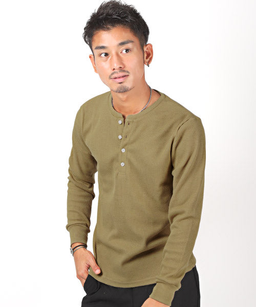 LUXSTYLE Waffle Henley Neck Long Sleeve T-Shirt / Long T Men's Henley Neck Long Sleeve T-Shirt