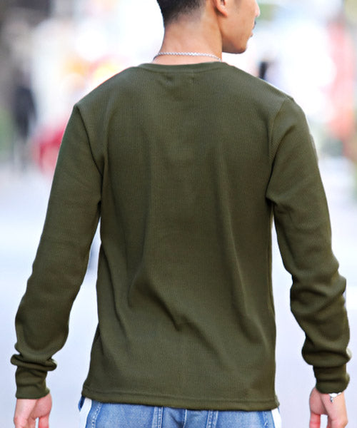 LUXSTYLE Waffle Henley Neck Long Sleeve T-Shirt / Long T Men's Henley Neck Long Sleeve T-Shirt