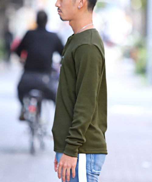 LUXSTYLE Waffle Henley Neck Long Sleeve T-Shirt / Long T Men's Henley Neck Long Sleeve T-Shirt