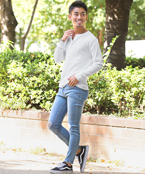 LUXSTYLE Waffle Henley Neck Long Sleeve T-Shirt / Long T Men's Henley Neck Long Sleeve T-Shirt
