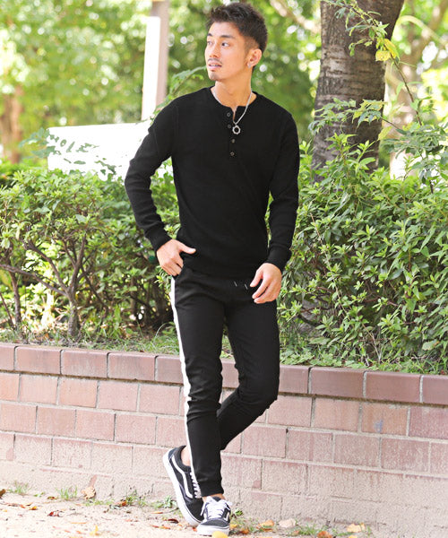 LUXSTYLE Waffle Henley Neck Long Sleeve T-Shirt / Long T Men's Henley Neck Long Sleeve T-Shirt