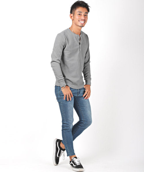 LUXSTYLE Waffle Henley Neck Long Sleeve T-Shirt / Long T Men's Henley Neck Long Sleeve T-Shirt