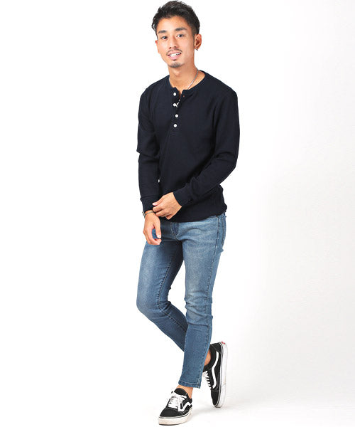 LUXSTYLE Waffle Henley Neck Long Sleeve T-Shirt / Long T Men's Henley Neck Long Sleeve T-Shirt