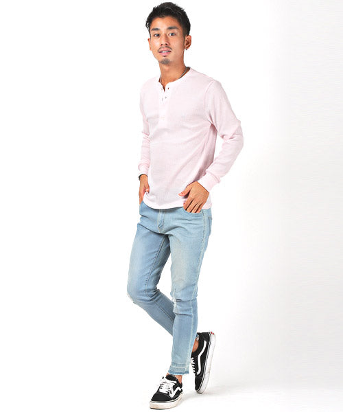 LUXSTYLE Waffle Henley Neck Long Sleeve T-Shirt / Long T Men's Henley Neck Long Sleeve T-Shirt