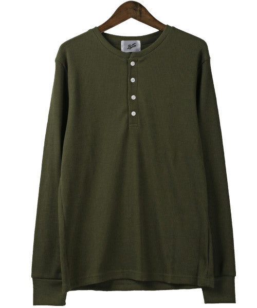 LUXSTYLE Waffle Henley Neck Long Sleeve T-Shirt / Long T Men's Henley Neck Long Sleeve T-Shirt