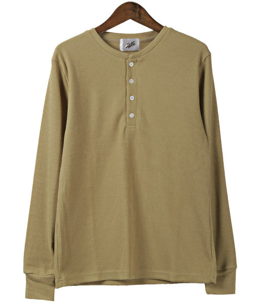 LUXSTYLE Waffle Henley Neck Long Sleeve T-Shirt / Long T Men's Henley Neck Long Sleeve T-Shirt