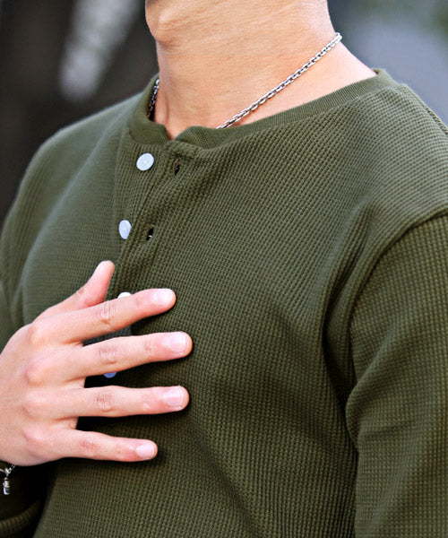 LUXSTYLE Waffle Henley Neck Long Sleeve T-Shirt / Long T Men's Henley Neck Long Sleeve T-Shirt