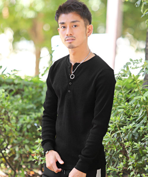 ラグスタイル LUXSTYLE ワッフルヘンリーネック長袖Tシャツ/ロンT メンズ ヘンリーネック 長袖 Tシャツ,ブラック
