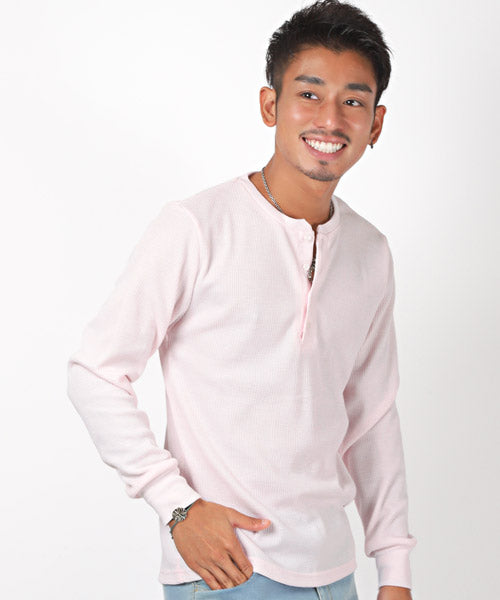 LUXSTYLE Waffle Henley Neck Long Sleeve T-Shirt / Long T Men's Henley Neck Long Sleeve T-Shirt
