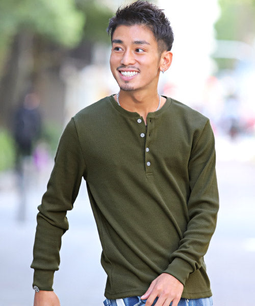 LUXSTYLE Waffle Henley Neck Long Sleeve T-Shirt / Long T Men's Henley Neck Long Sleeve T-Shirt